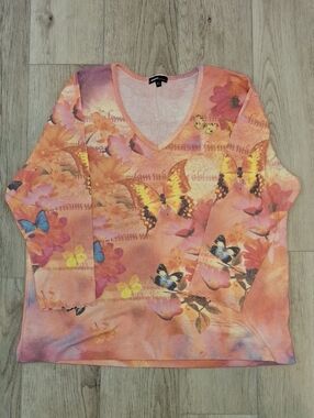 ONE WORLD Peach & Pink Butterfly V-Neck Sweater
